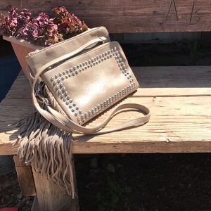 MMS Tan Studded Faux Leather Sueded Tassel Purse